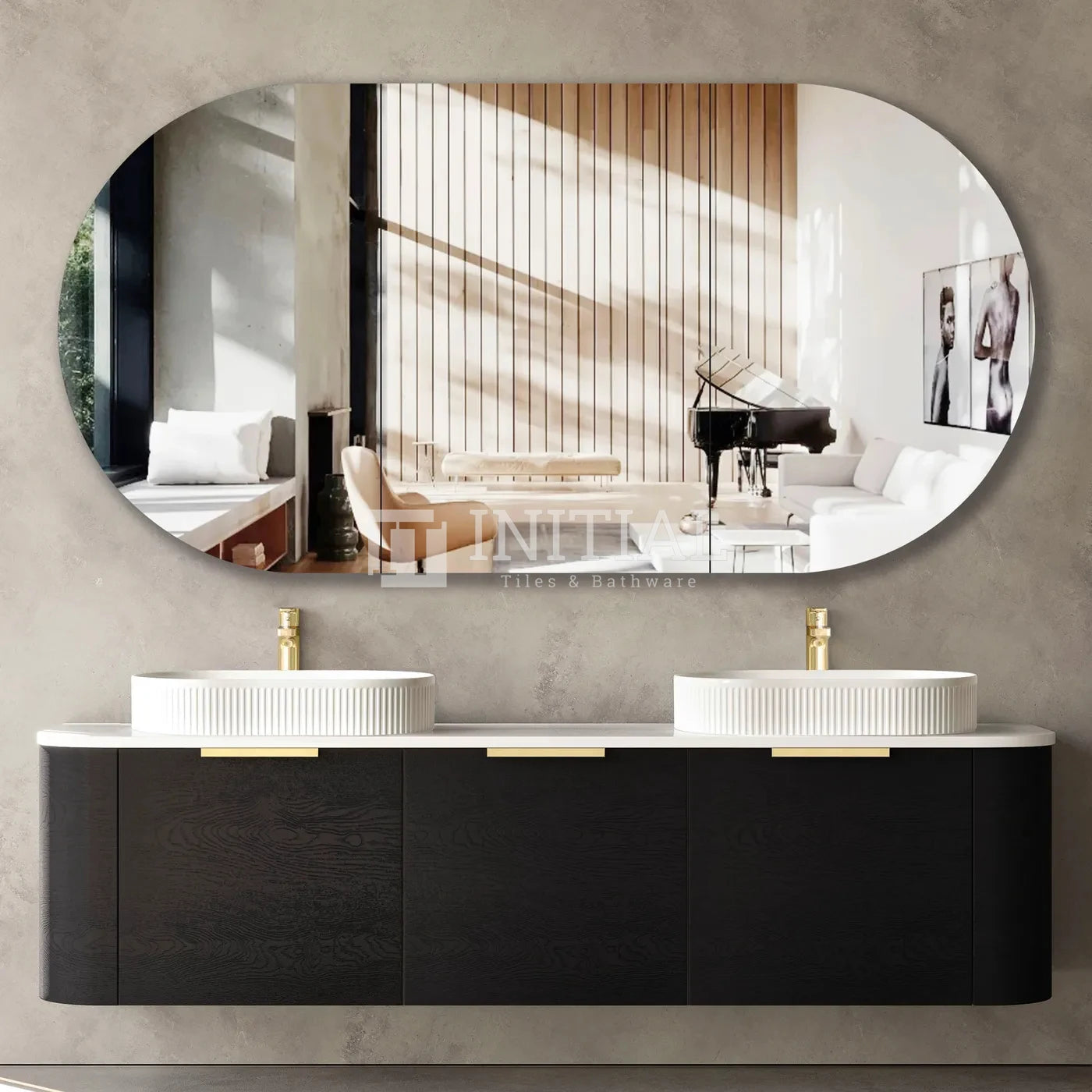 Otti Bondi Wall Hung Curve Vanity with 3 Drawers Black Oak 1800X450X450 , With Stone Top - Solid Surface Carrara