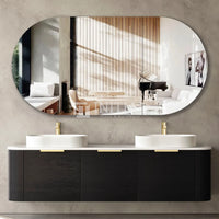 Otti Bondi Wall Hung Curve Vanity with 3 Drawers Black Oak 1800X450X450 , With Stone Top - Quartz Pure White Brushed Gold