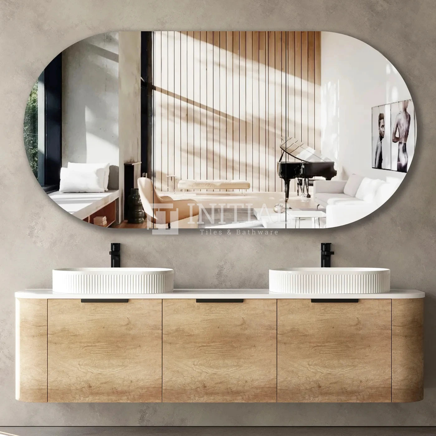Otti Bondi Wall Hung Curve Vanity with 3 Drawers Natural Oak 1800X450X450 , With Stone Top - Solid Surface Carrara