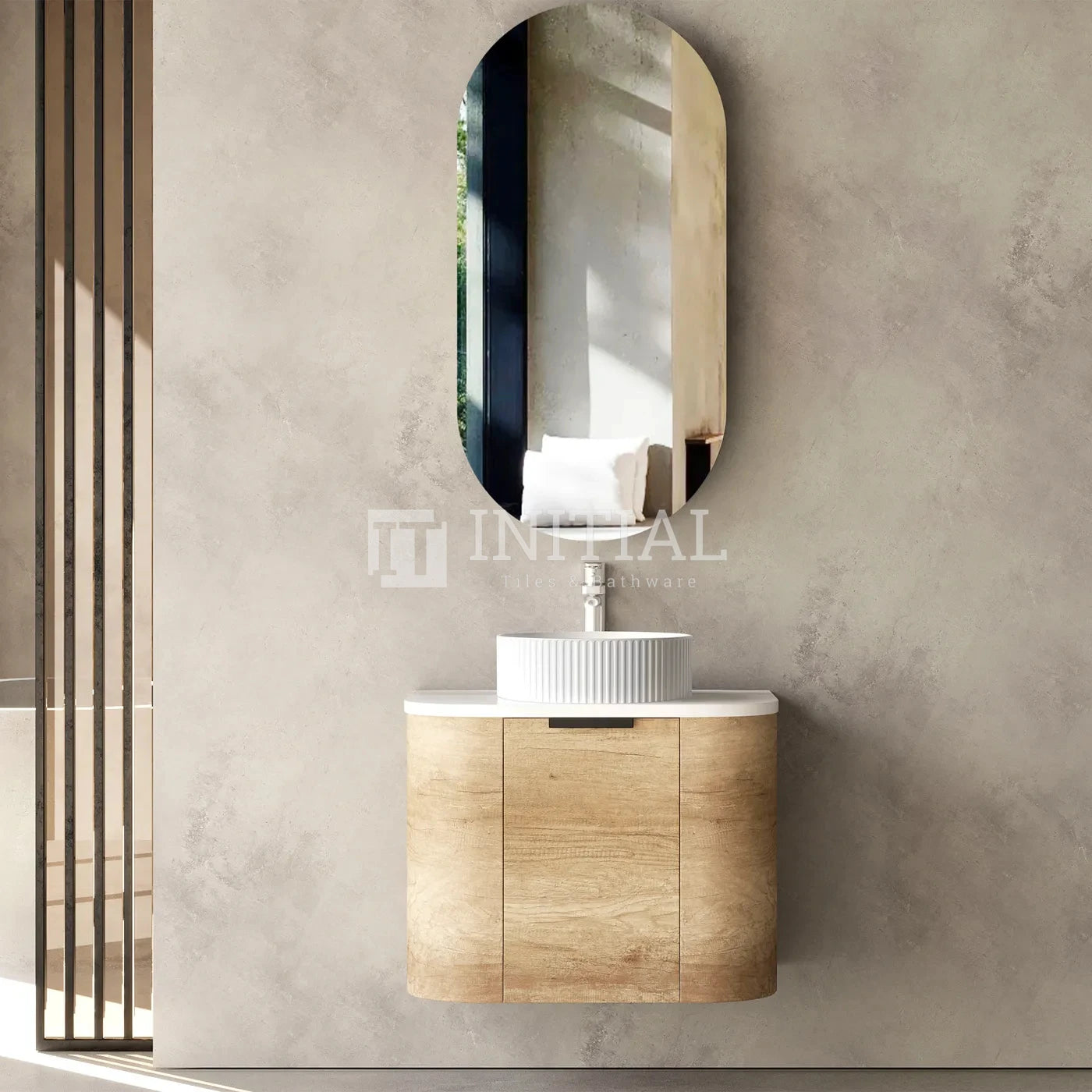 Otti Bondi Wall Hung Curve Vanity with 1 Door Natural Oak 600X460X470 , With Stone Top - Solid Surface Carrara