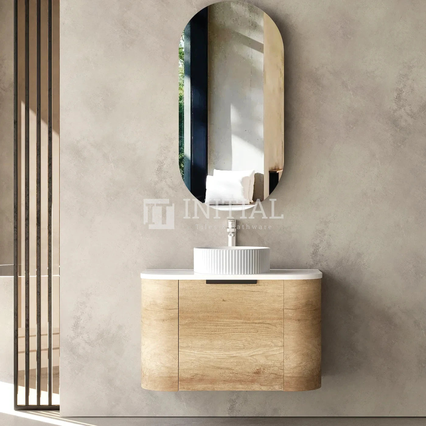 Otti Bondi Wall Hung Curve Vanity with 1 Drawer Natural Oak 750X460X450 , With Stone Top - Solid Surface Carrara
