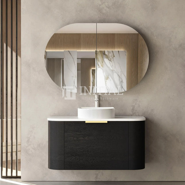 Otti Bondi Wall Hung Curve Vanity with 1 Drawer Black Oak 900X460X450 , With Stone Top - Solid Surface Carrara