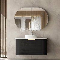 Otti Bondi Wall Hung Curve Vanity with 1 Drawer Black Oak 900X460X450 , With Stone Top - Solid Surface Carrara