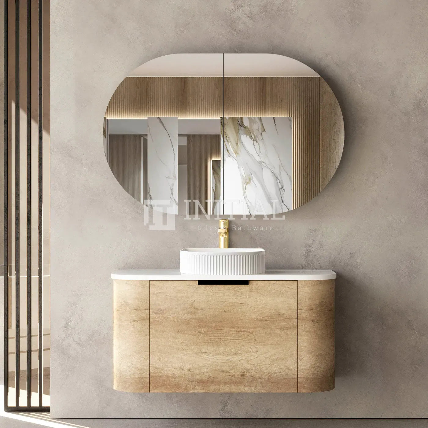 Otti Bondi Wall Hung Curve Vanity with 1 Drawer Natural Oak 900X460X450 , With Stone Top - Solid Surface Carrara