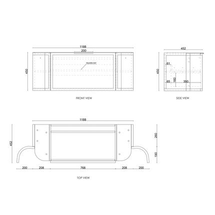 Otti Hampshire Wall Hung Curve Vanity with 1 Drawer and 2 Doors Matte Black 1190X450X450