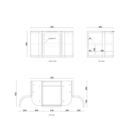 Otti Hampshire Wall Hung Curve Vanity with 1 Drawer and 2 Doors Matte Black 740X450X450