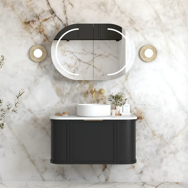 Otti Hampshire Wall Hung Curve Vanity with 1 Drawer and 2 Doors Matte Black 890X450X450