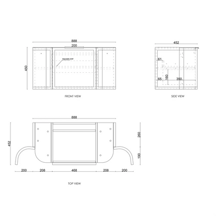 Otti Hampshire Wall Hung Curve Vanity with 1 Drawer and 2 Doors Matte Black 890X450X450