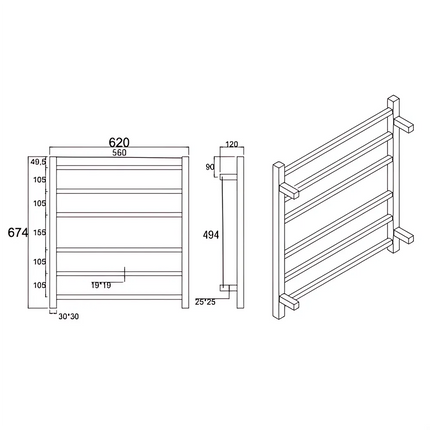 Square Electric Heated Towel Rack 6 Bars Brushed Nickel ,