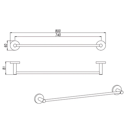 Louis Lever Single Towel Rack Rail 800mm Brushed Nickel ,