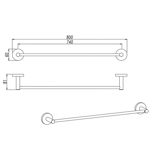 Louis Lever Single Towel Rack Rail 800mm Brushed Nickel ,