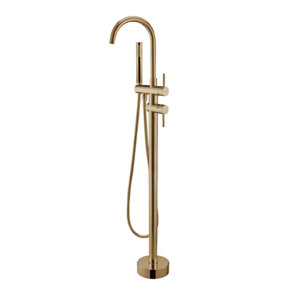 Round Freestanding Bath Mixer With Handheld Shower Brushed Gold ,