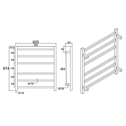 Square Electric Heated Towel Rack 6 Bars Brushed Gold ,