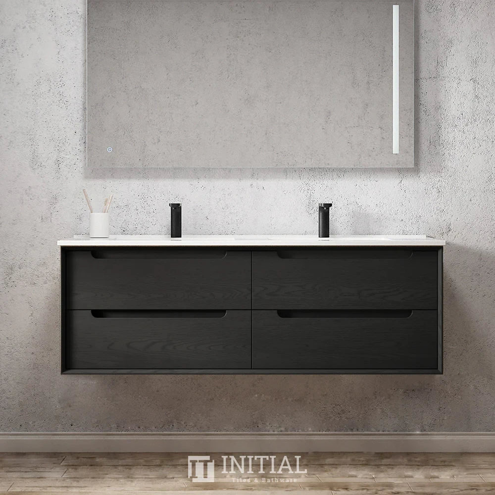 Otti Bruno Series Wall Hung Vanity with Double Basin Soft Close Doors Black Oak 1500W X 550H X 460D , With Ceramic Top None