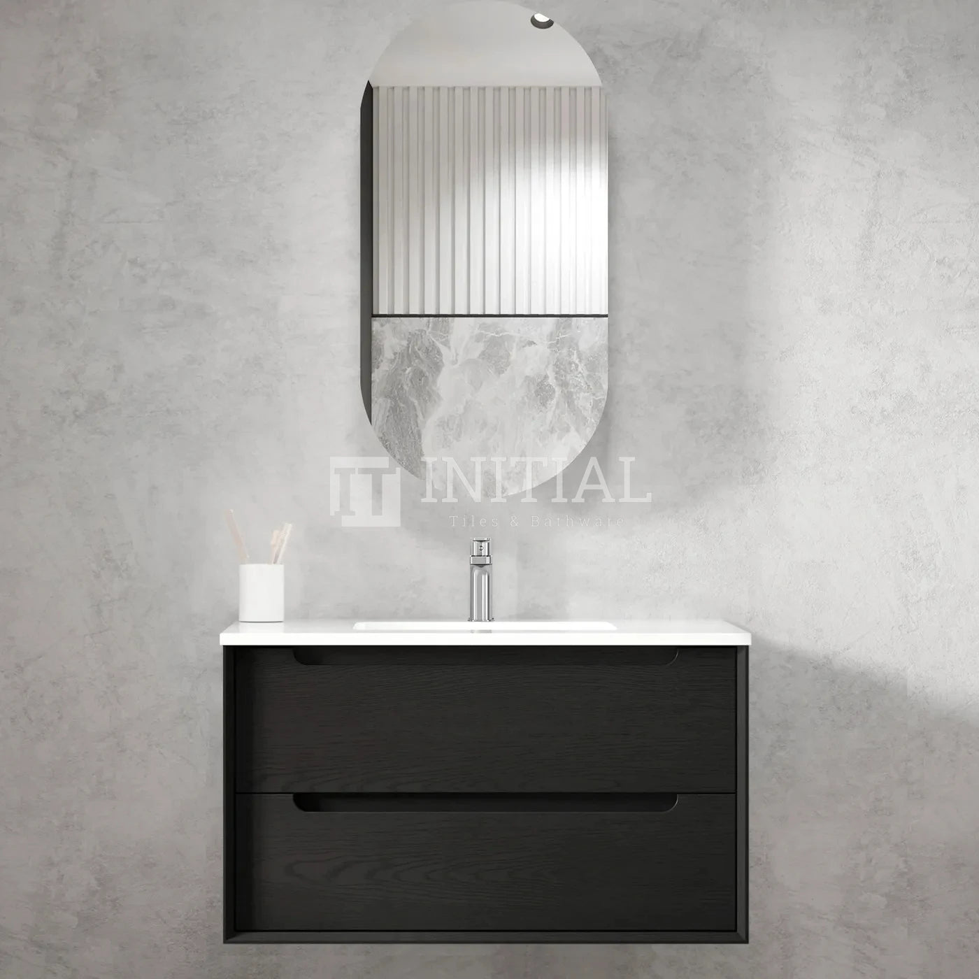 Otti Bruno Series Wall Hung Vanity with 2 Drawers Soft Close Doors Black Oak 900W X 550H X 460D , With Ceramic Top None