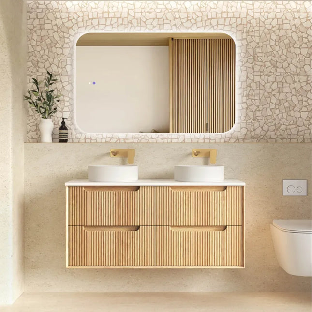 Otti Bruno Fluted Wall Hung Vanity with 4 Drawers Soft Close Doors Woodland Oak 1190W X 550H X 460D