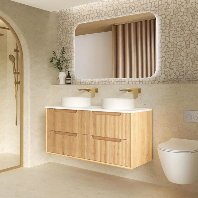 Otti Bruno Fluted Wall Hung Vanity with 4 Drawers Soft Close Doors Woodland Oak 1190W X 550H X 460D