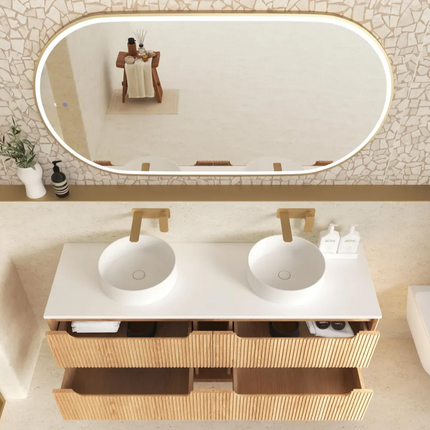 Otti Bruno Fluted Wall Hung Vanity with 4 Drawers Soft Close Doors Woodland Oak 1190W X 550H X 460D