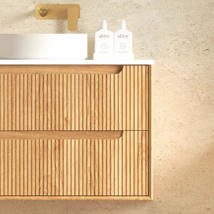 Otti Bruno Fluted Wall Hung Vanity with 4 Drawers Soft Close Doors Woodland Oak 1190W X 550H X 460D