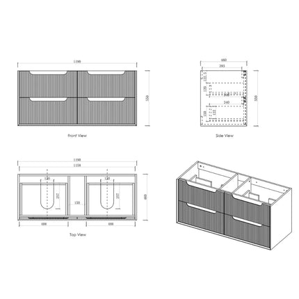 Otti Bruno Fluted Wall Hung Vanity with 4 Drawers Soft Close Doors Woodland Oak 1190W X 550H X 460D
