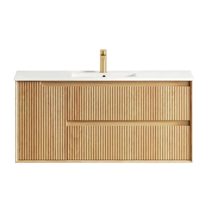 Otti Bruno Fluted Wall Hung Vanity with 1 Door & 2 Drawers Soft Close Doors Woodland Oak 1190W X 550H X 460D