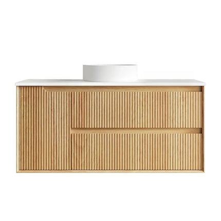 Otti Bruno Fluted Wall Hung Vanity with 1 Door & 2 Drawers Soft Close Doors Woodland Oak 1190W X 550H X 460D