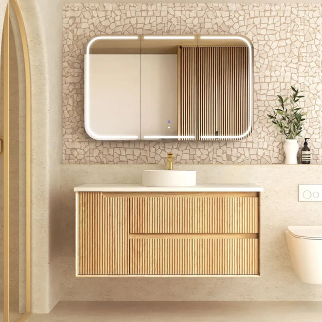 Otti Bruno Fluted Wall Hung Vanity with 1 Door & 2 Drawers Soft Close Doors Woodland Oak 1190W X 550H X 460D