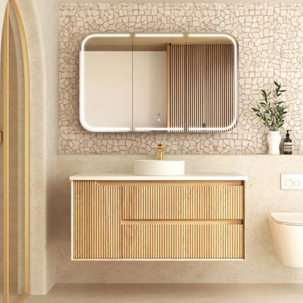 Otti Bruno Fluted Wall Hung Vanity with 1 Door & 2 Drawers Soft Close Doors Woodland Oak 1190W X 550H X 460D