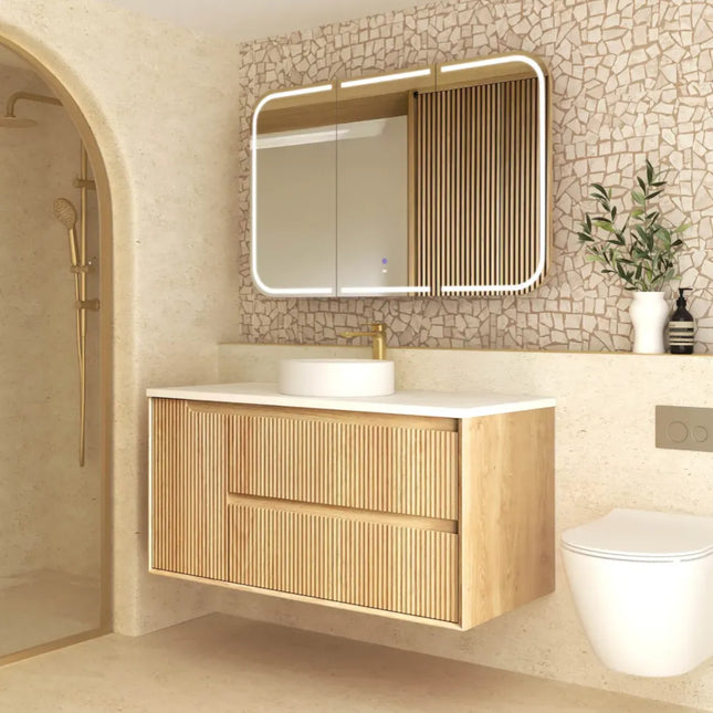 Otti Bruno Fluted Wall Hung Vanity with 1 Door & 2 Drawers Soft Close Doors Woodland Oak 1190W X 550H X 460D