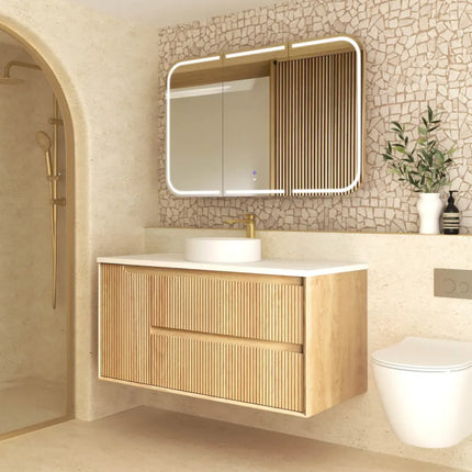 Otti Bruno Fluted Wall Hung Vanity with 1 Door & 2 Drawers Soft Close Doors Woodland Oak 1190W X 550H X 460D