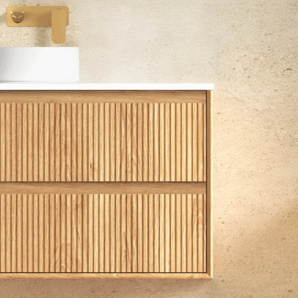 Otti Bruno Fluted Wall Hung Vanity with 1 Door & 2 Drawers Soft Close Doors Woodland Oak 1190W X 550H X 460D