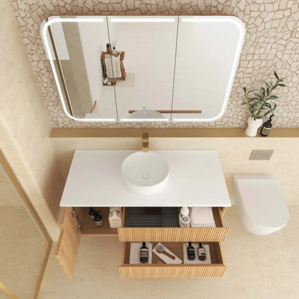 Otti Bruno Fluted Wall Hung Vanity with 1 Door & 2 Drawers Soft Close Doors Woodland Oak 1190W X 550H X 460D