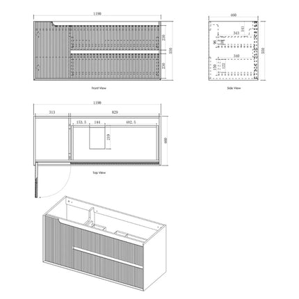 Otti Bruno Fluted Wall Hung Vanity with 1 Door & 2 Drawers Soft Close Doors Woodland Oak 1190W X 550H X 460D