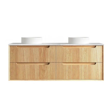 Otti Bruno Fluted Wall Hung Vanity with 4 Drawers Soft Close Doors Woodland Oak 1490W X 550H X 460D