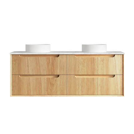 Otti Bruno Fluted Wall Hung Vanity with 4 Drawers Soft Close Doors Woodland Oak 1490W X 550H X 460D