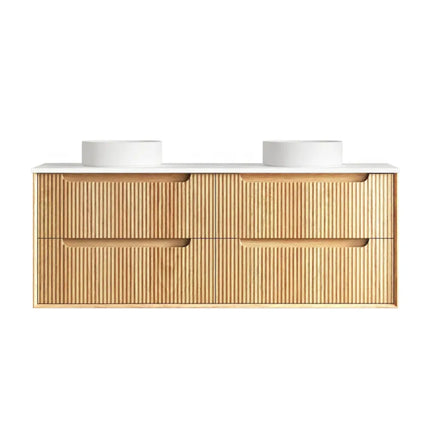 Otti Bruno Fluted Wall Hung Vanity with 4 Drawers Soft Close Doors Woodland Oak 1490W X 550H X 460D