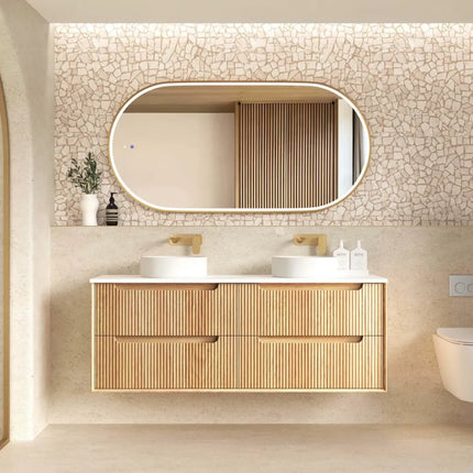 Otti Bruno Fluted Wall Hung Vanity with 4 Drawers Soft Close Doors Woodland Oak 1490W X 550H X 460D
