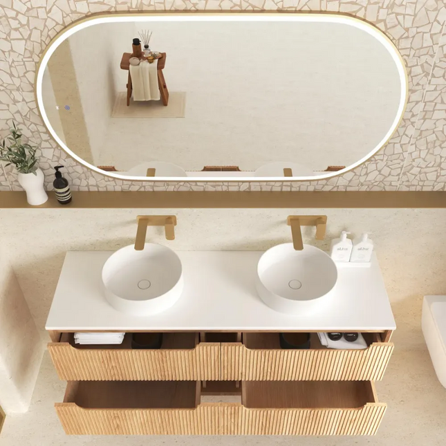 Otti Bruno Fluted Wall Hung Vanity with 4 Drawers Soft Close Doors Woodland Oak 1490W X 550H X 460D