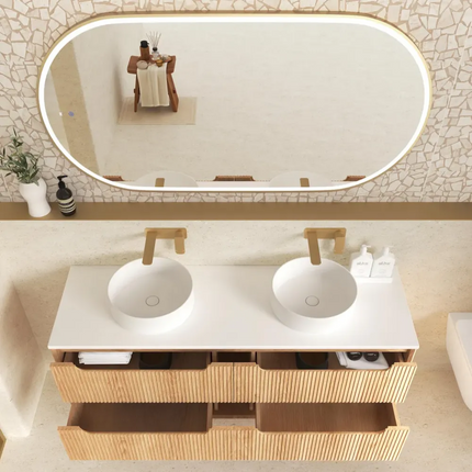 Otti Bruno Fluted Wall Hung Vanity with 4 Drawers Soft Close Doors Woodland Oak 1490W X 550H X 460D