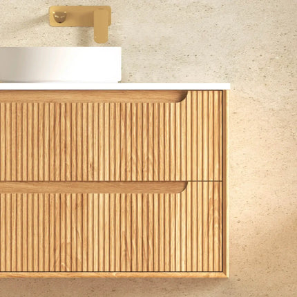 Otti Bruno Fluted Wall Hung Vanity with 4 Drawers Soft Close Doors Woodland Oak 1490W X 550H X 460D