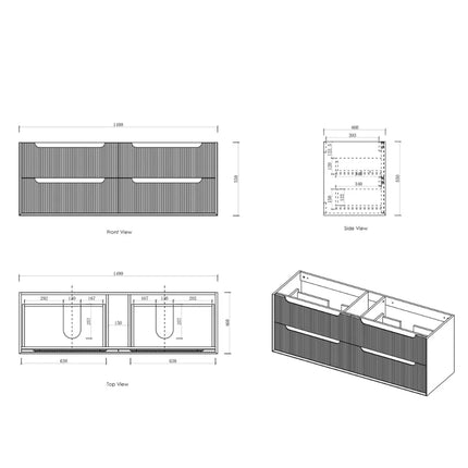 Otti Bruno Fluted Wall Hung Vanity with 4 Drawers Soft Close Doors Woodland Oak 1490W X 550H X 460D