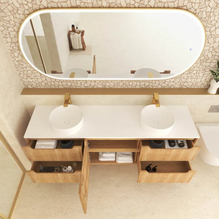 Otti Bruno Fluted Wall Hung Vanity with 2 Doors & 4 Drawers Soft Close Doors Woodland Oak 1790W X 550H X 460D