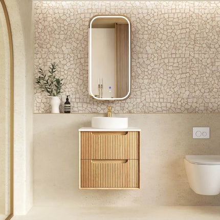 Otti Bruno Fluted Wall Hung Vanity with 2 Drawers Soft Close Doors Woodland Oak 590W X 550H X 460D