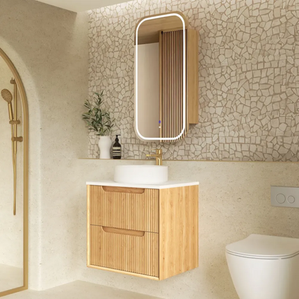 Otti Bruno Fluted Wall Hung Vanity with 2 Drawers Soft Close Doors Woodland Oak 590W X 550H X 460D
