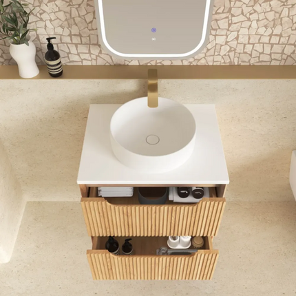 Otti Bruno Fluted Wall Hung Vanity with 2 Drawers Soft Close Doors Woodland Oak 590W X 550H X 460D
