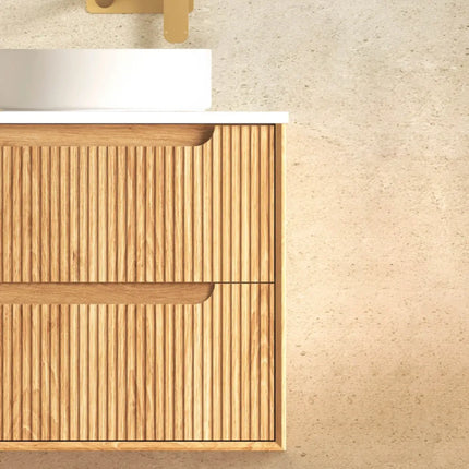 Otti Bruno Fluted Wall Hung Vanity with 2 Drawers Soft Close Doors Woodland Oak 590W X 550H X 460D