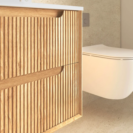 Otti Bruno Fluted Wall Hung Vanity with 2 Drawers Soft Close Doors Woodland Oak 590W X 550H X 460D