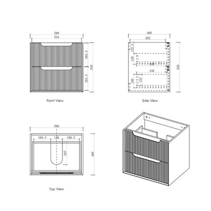 Otti Bruno Fluted Wall Hung Vanity with 2 Drawers Soft Close Doors Woodland Oak 590W X 550H X 460D