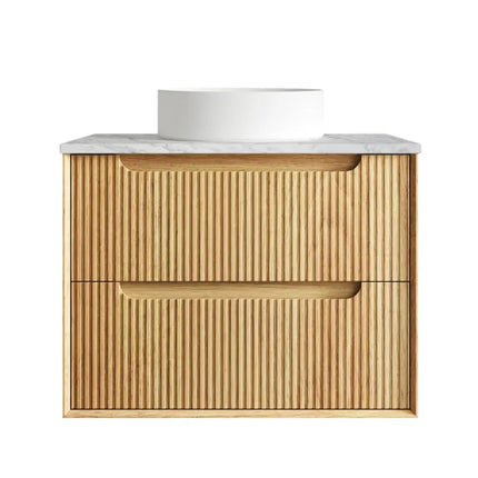 Otti Bruno Fluted Wall Hung Vanity with 2 Drawers Soft Close Doors Woodland Oak 740W X 550H X 460D