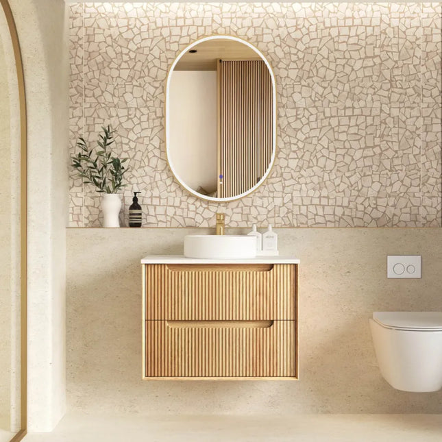 Otti Bruno Fluted Wall Hung Vanity with 2 Drawers Soft Close Doors Woodland Oak 740W X 550H X 460D